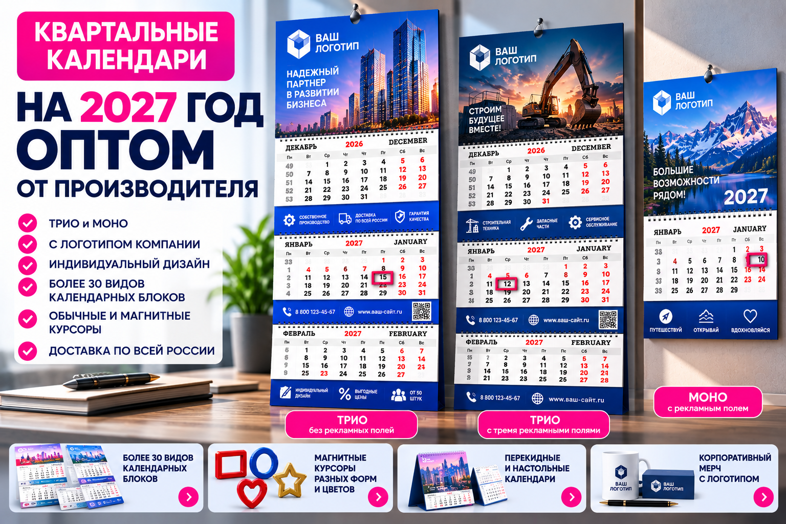Квартальные календари на 2027 год оптом от производителя — ТРИО и МОНО